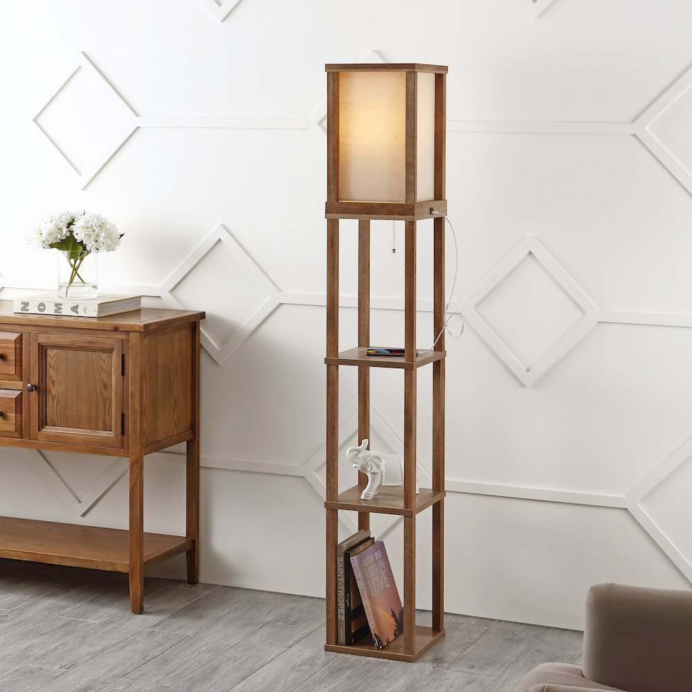 Etagere Rustic Bohemian Wooden Led Shelf Floor Lamp With Pull Chain. Picture 5