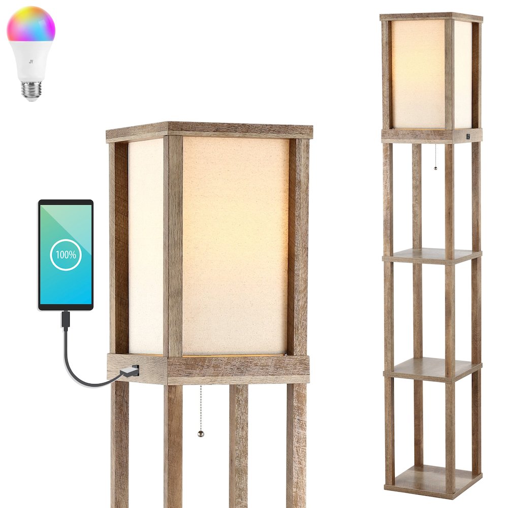 Etagere Rustic Bohemian Wooden Led Shelf Floor Lamp With Pull Chain. Picture 4