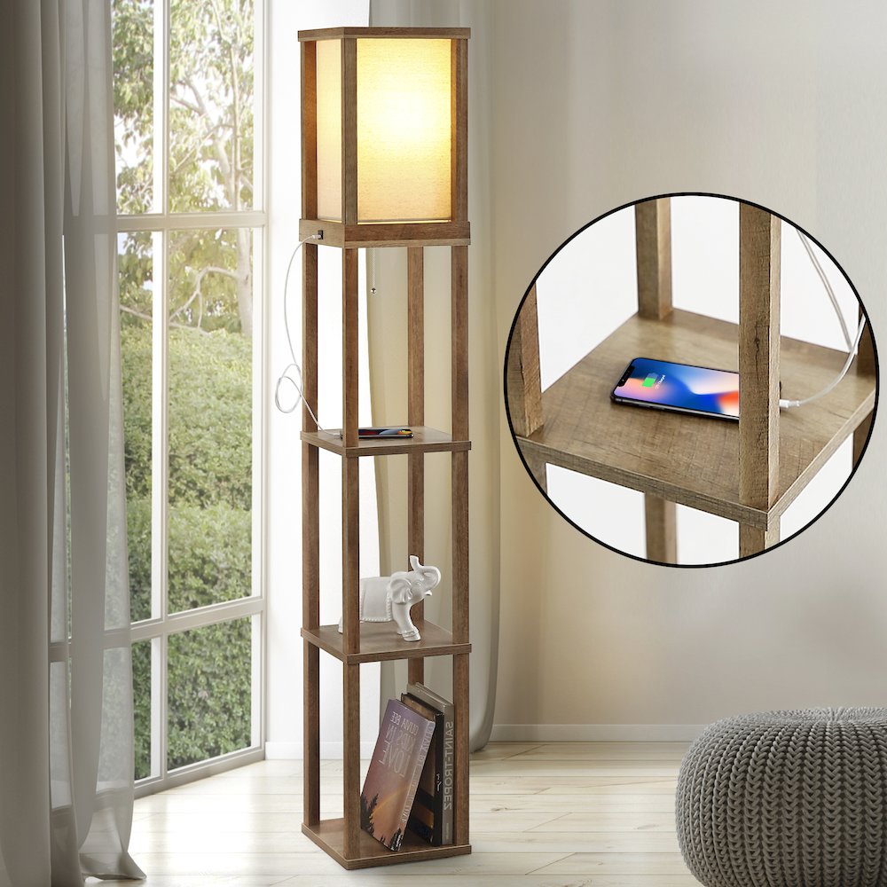 Etagere Rustic Bohemian Wooden Led Shelf Floor Lamp With Pull Chain. Picture 6