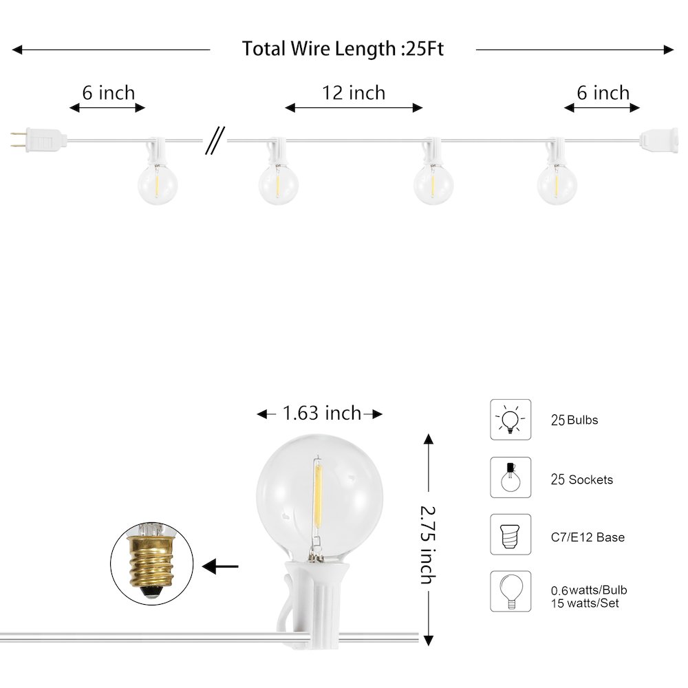 25-Light 25 ft. Rustic Incandescent G40 Bistro Globe Bulb String Lights, White. Picture 3