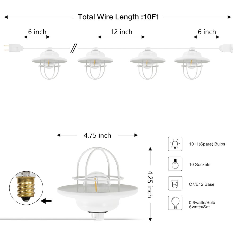 10-Light 10 ft. Farmhouse Incandescent G40 Metal Cage Shade String Lights, White. Picture 3