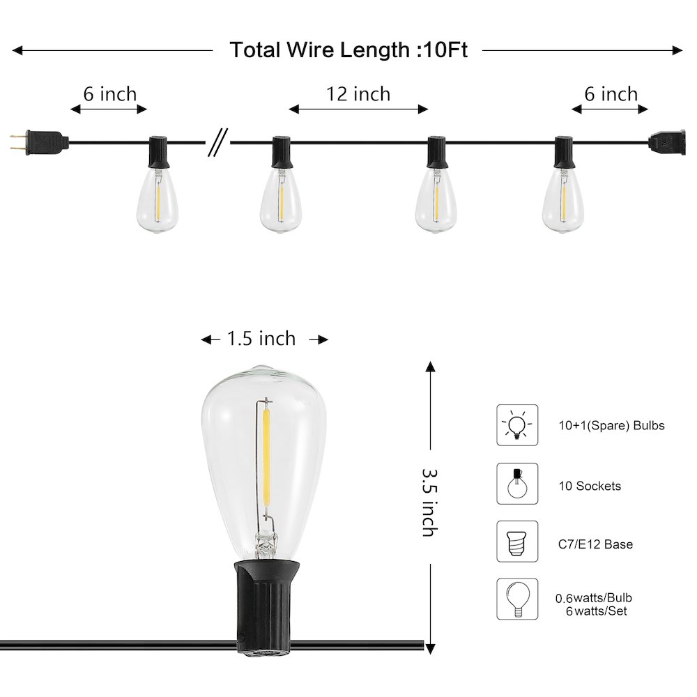 10-Light 10 ft. Rustic Industrial ST38 Clear Bulb String Lights, Black - LED. Picture 3