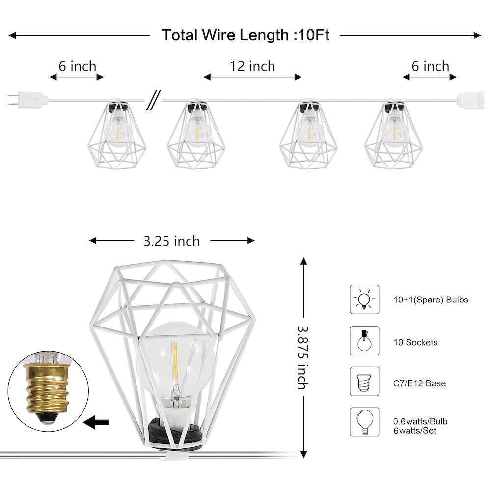 10-Light 10 ft. Transitional Incandescent G40 Diamond Cage String Lights, White. Picture 3