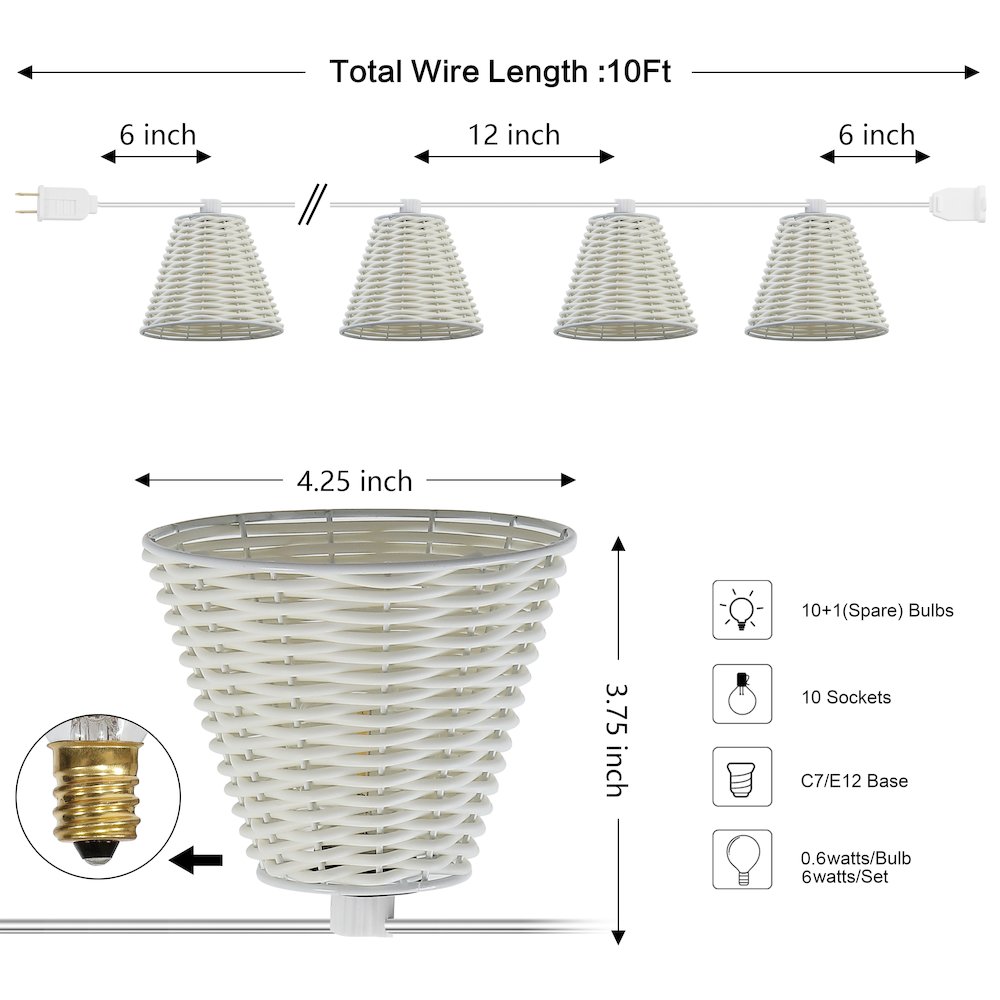 10-Light 10 ft. Cottage LED G40 Faux-Rattan Shaded String Lights, White. Picture 3