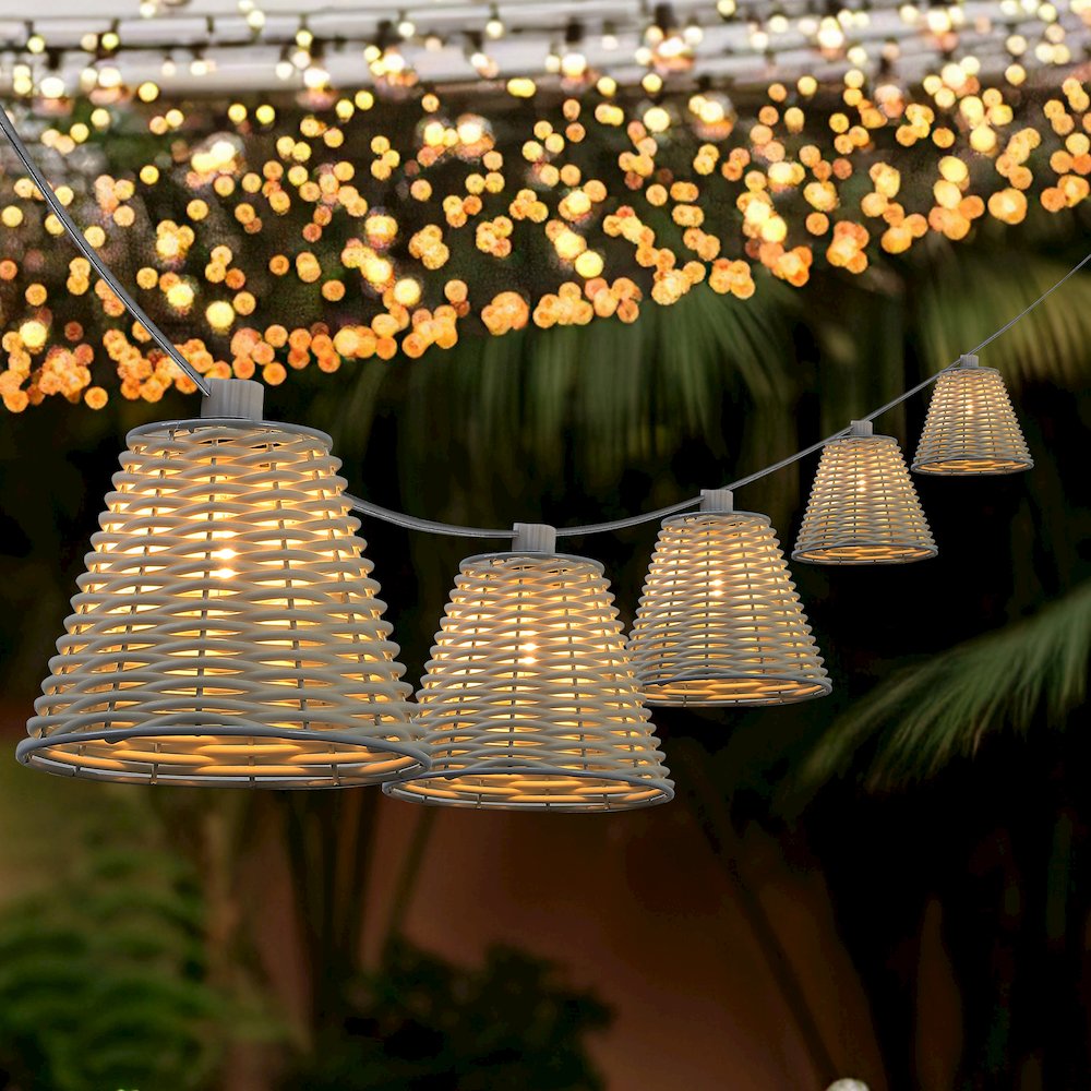 10-Light 10 ft. Cottage LED G40 Faux-Rattan Shaded String Lights, White. Picture 4