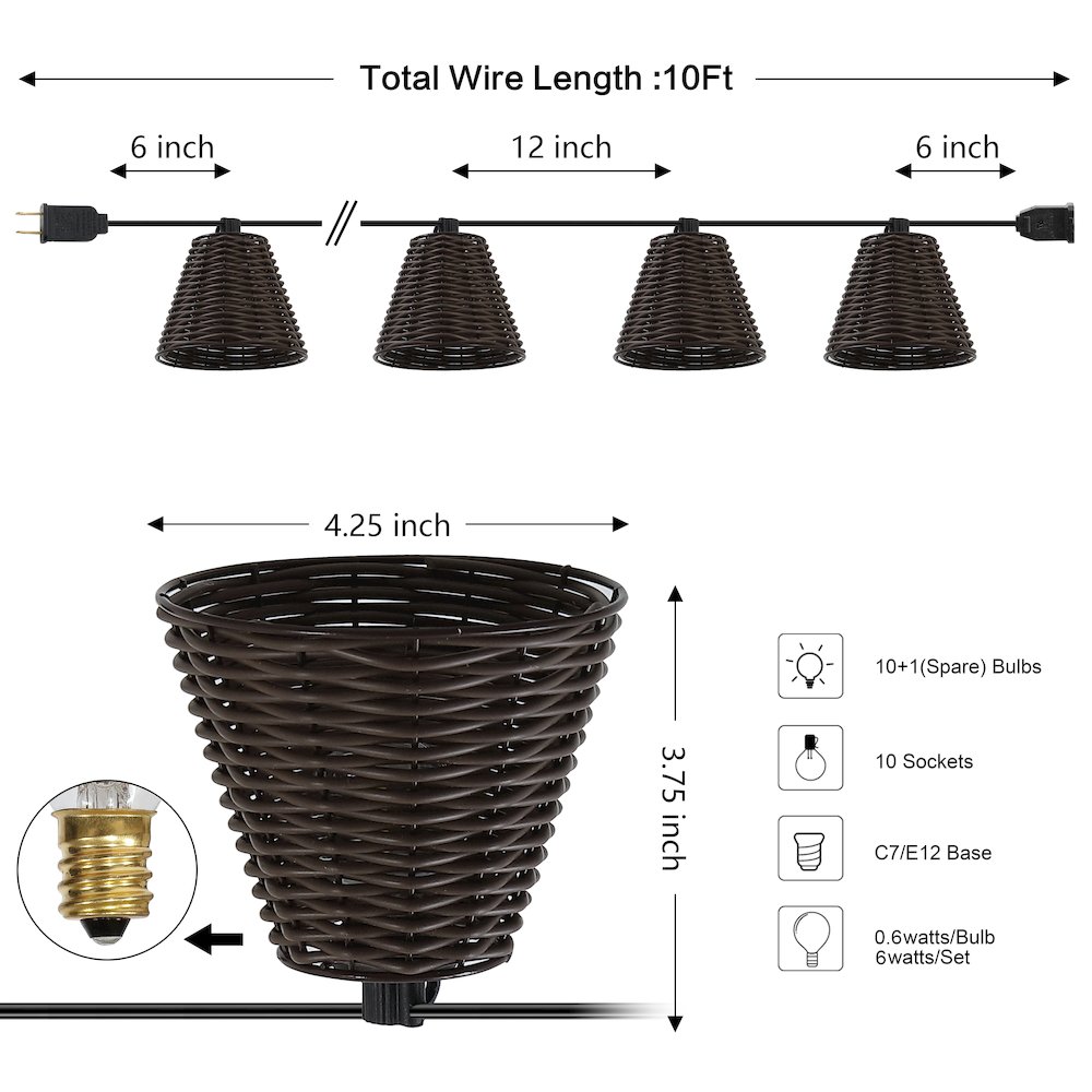 10-Light 10 ft. Cottage LED G40 Faux-Rattan Shaded String Lights, Dark Brown. Picture 3