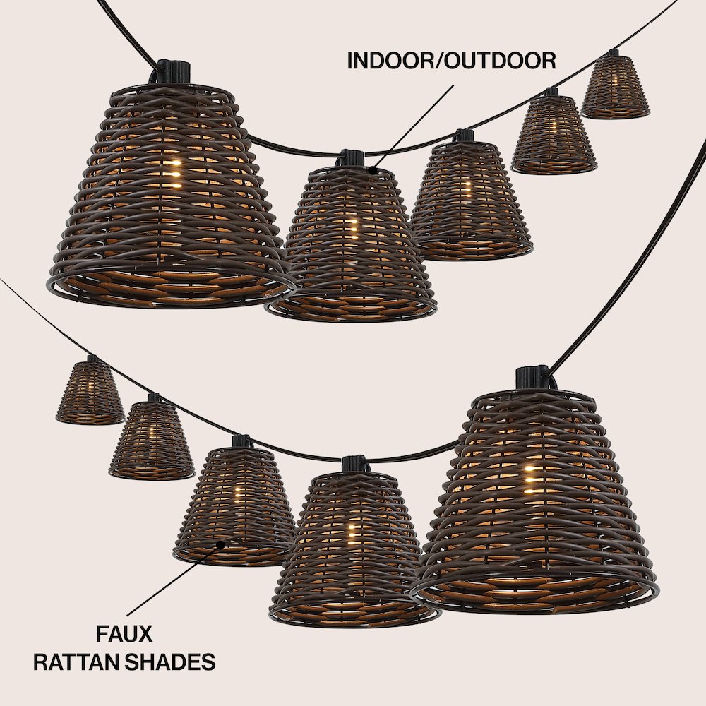 10-Light 10 ft. Cottage LED G40 Faux-Rattan Shaded String Lights, Dark Brown. Picture 2
