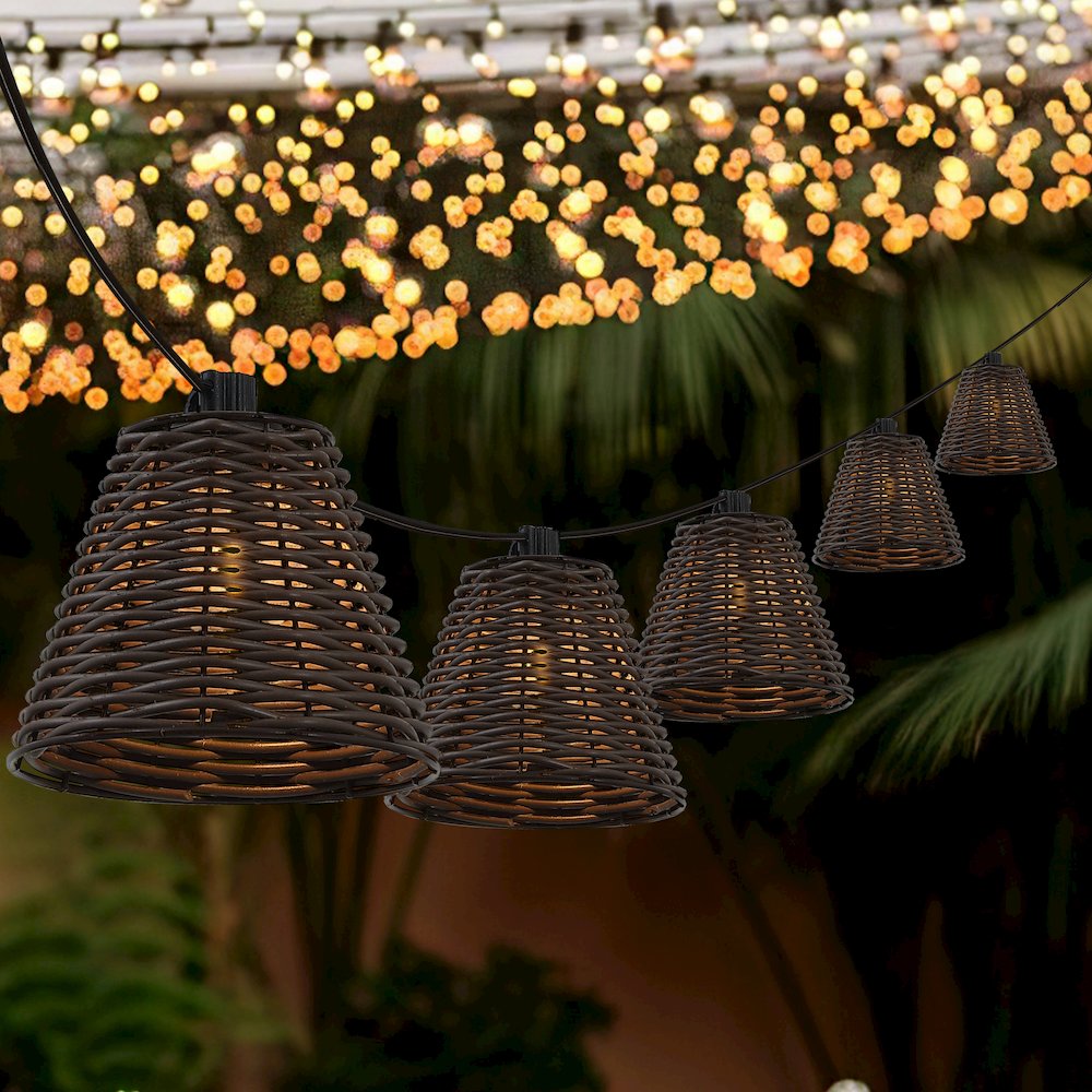 10-Light 10 ft. Cottage LED G40 Faux-Rattan Shaded String Lights, Dark Brown. Picture 4