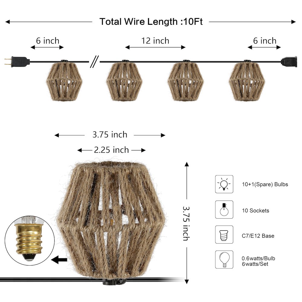 Incandescent C7 Lantern Hemp Rope Shaded String Lights. Picture 3