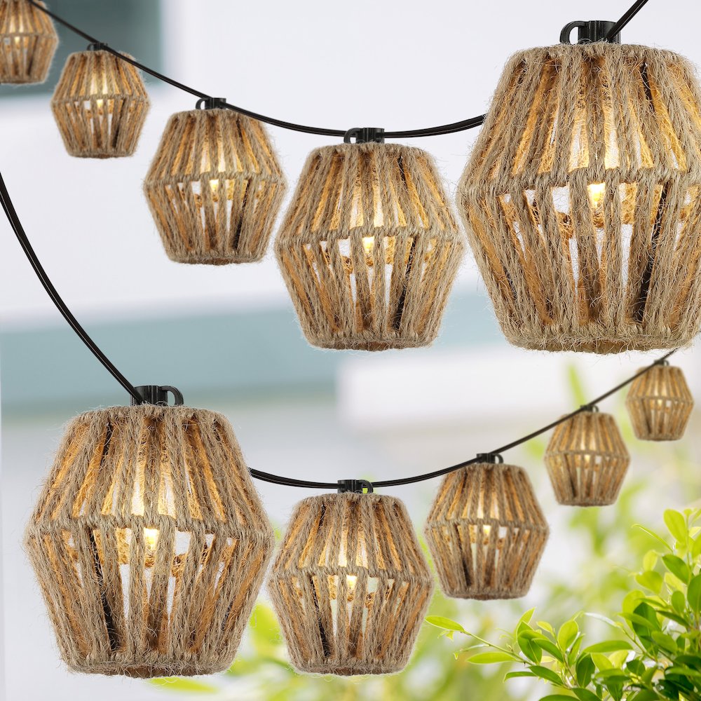 Incandescent C7 Lantern Hemp Rope Shaded String Lights. Picture 1