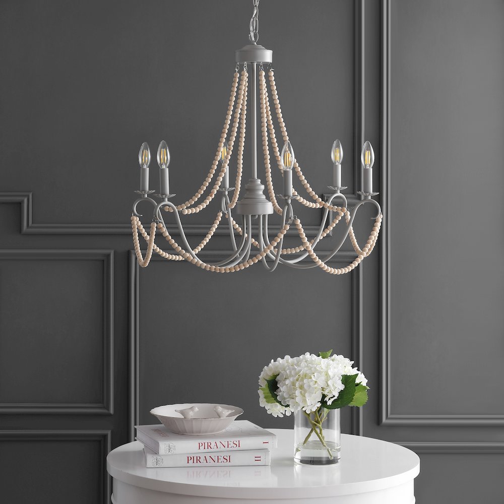 Rustica Adjustable Greige Metal/Wood Bead Led Chandelier. Picture 8