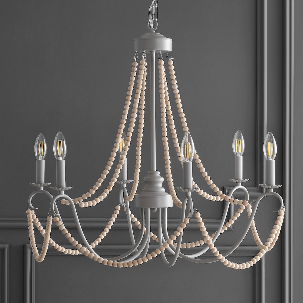 Rustica Adjustable Greige Metal/Wood Bead Led Chandelier. Picture 6