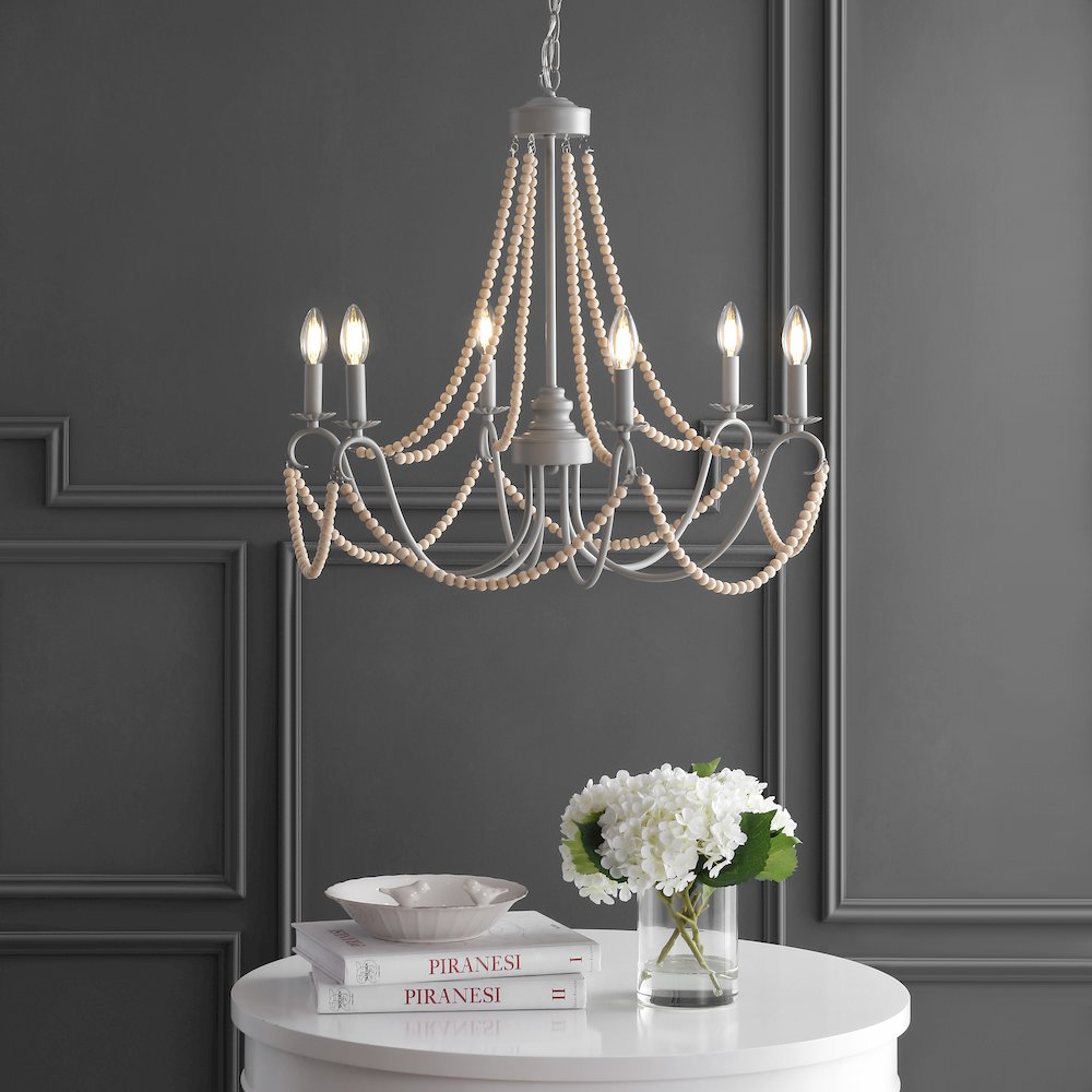 Rustica Adjustable Greige Metal/Wood Bead Led Chandelier. Picture 7