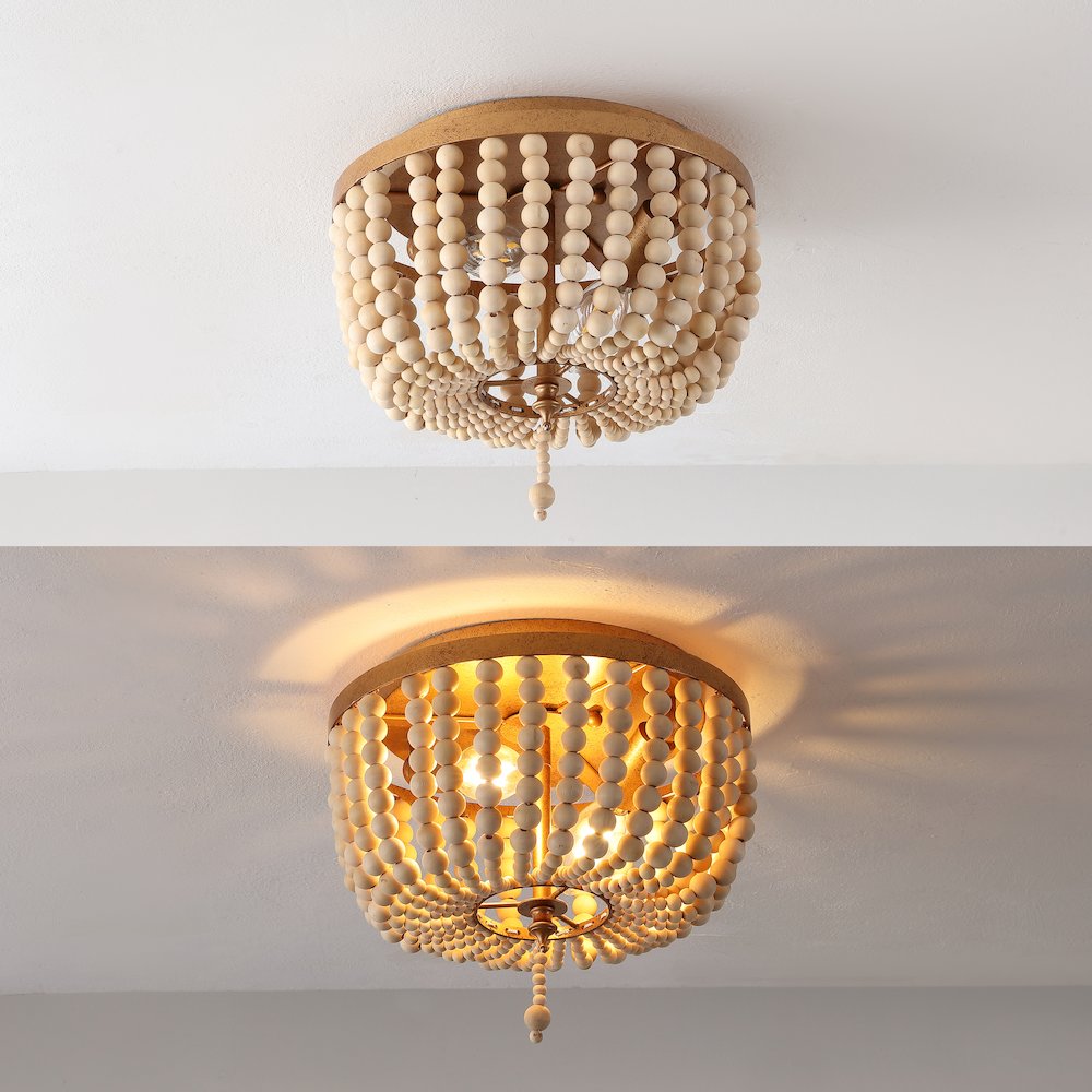 Allison 2-Light Shabby Chic Farmhouse Wood Beaded/Metal Led Flush Mount. Picture 6