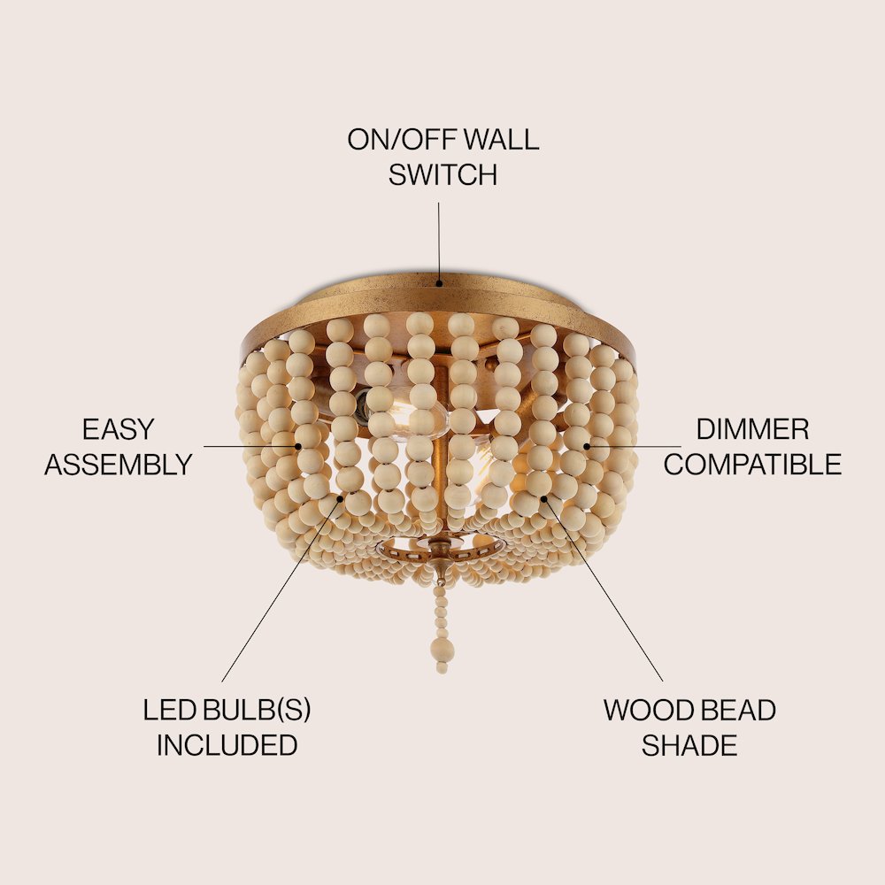 Allison 2-Light Shabby Chic Farmhouse Wood Beaded/Metal Led Flush Mount. Picture 5