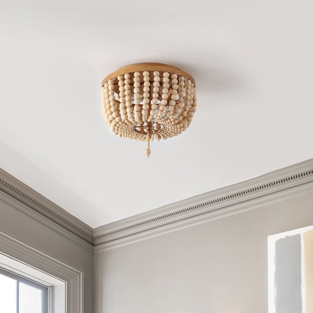 Allison 2-Light Shabby Chic Farmhouse Wood Beaded/Metal Led Flush Mount. Picture 2