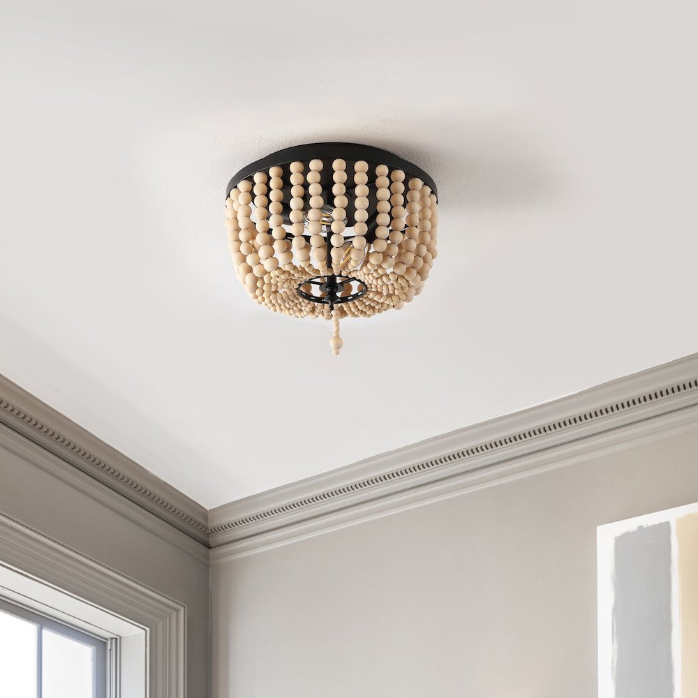 Allison 2-Light Shabby Chic Farmhouse Wood Beaded/Metal Led Flush Mount. Picture 2
