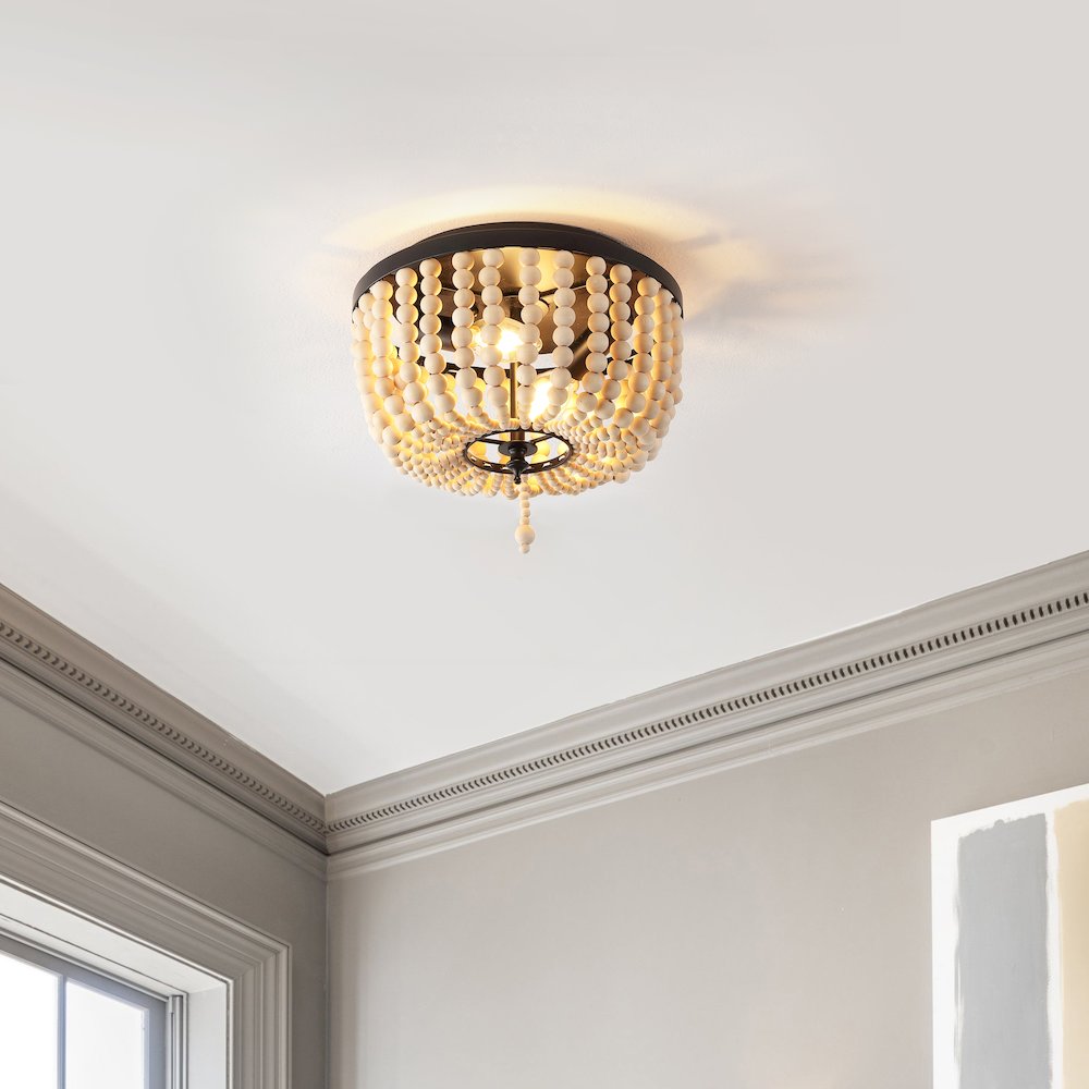 Allison 2-Light Shabby Chic Farmhouse Wood Beaded/Metal Led Flush Mount. Picture 1