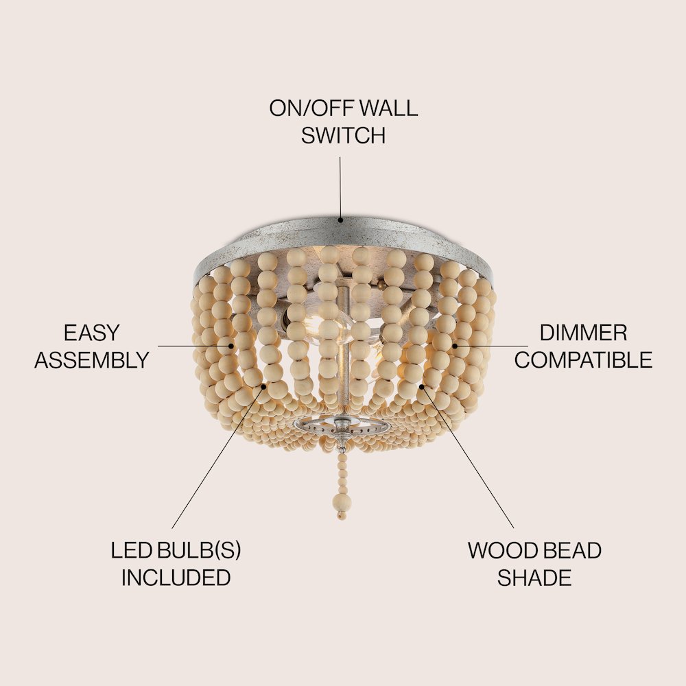 Allison 2-Light Shabby Chic Farmhouse Wood Beaded/Metal Led Flush Mount. Picture 5