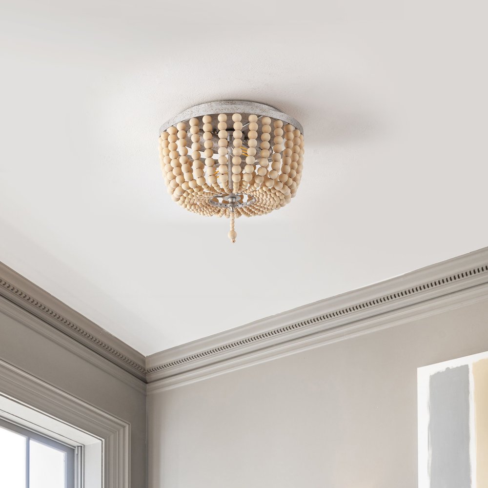 Allison 2-Light Shabby Chic Farmhouse Wood Beaded/Metal Led Flush Mount. Picture 2