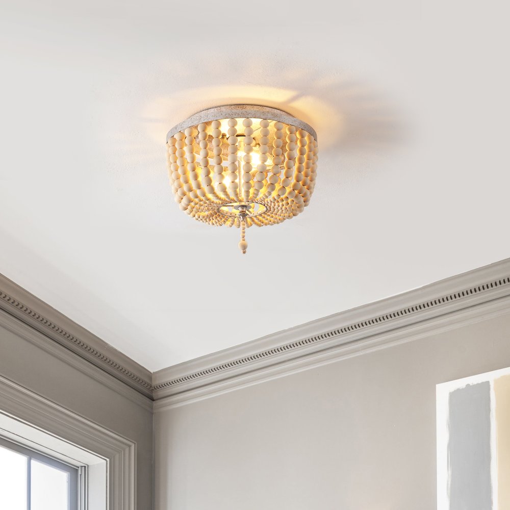 Allison 2-Light Shabby Chic Farmhouse Wood Beaded/Metal Led Flush Mount. Picture 1