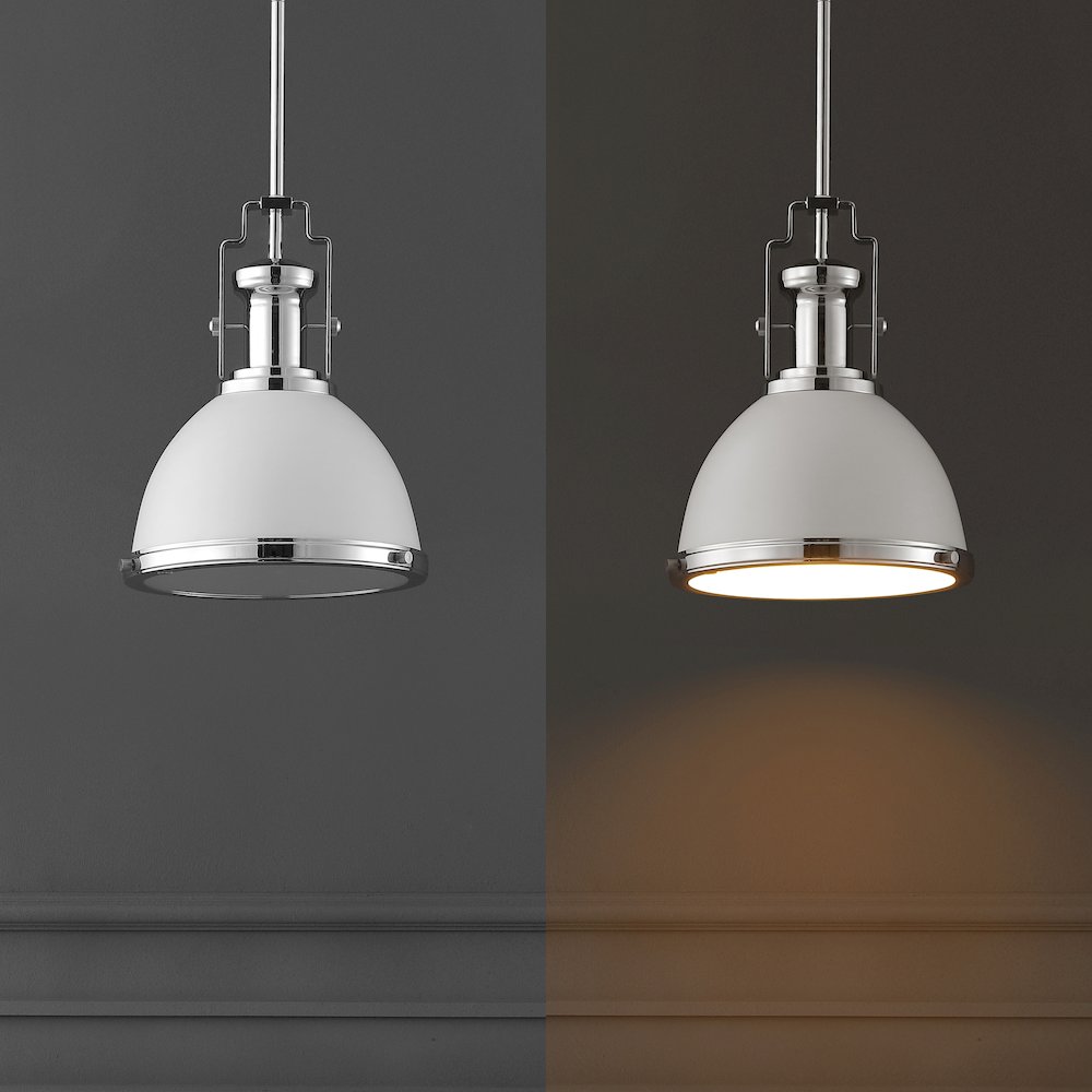 Homer 10" 1-Light Modern Industrial Iron LED Dome Pendant, White/Chrome. Picture 6