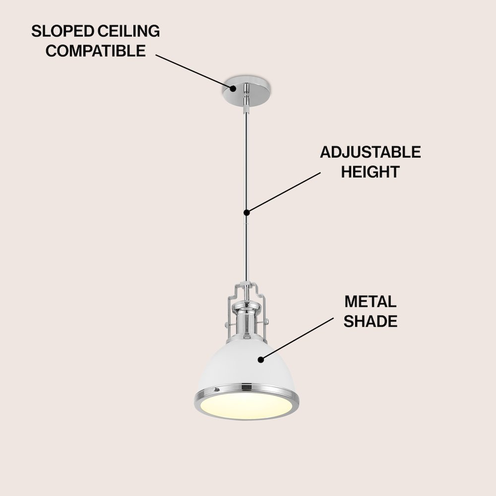 Homer 10" 1-Light Modern Industrial Iron LED Dome Pendant, White/Chrome. Picture 3