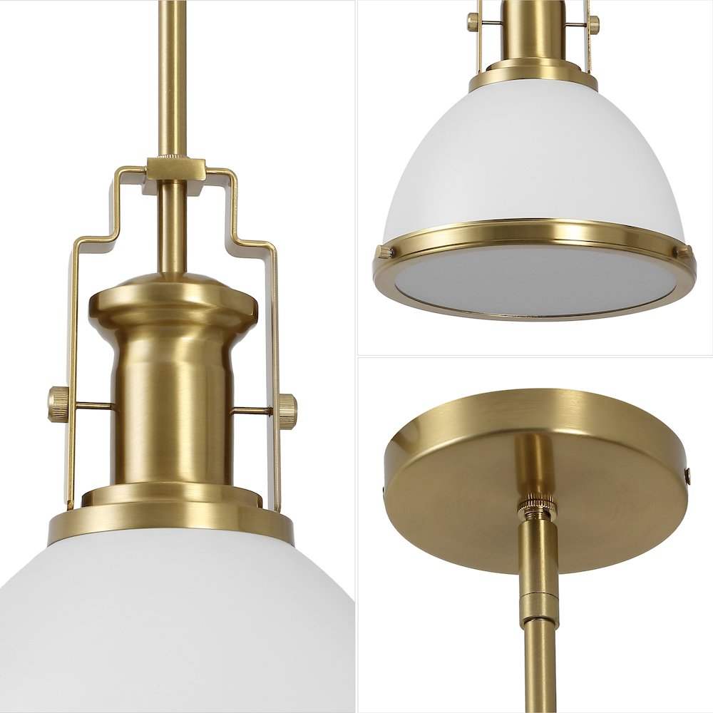 Homer 10" 1-Light Modern Industrial Iron LED Dome Pendant, White/Brass Gold. Picture 5