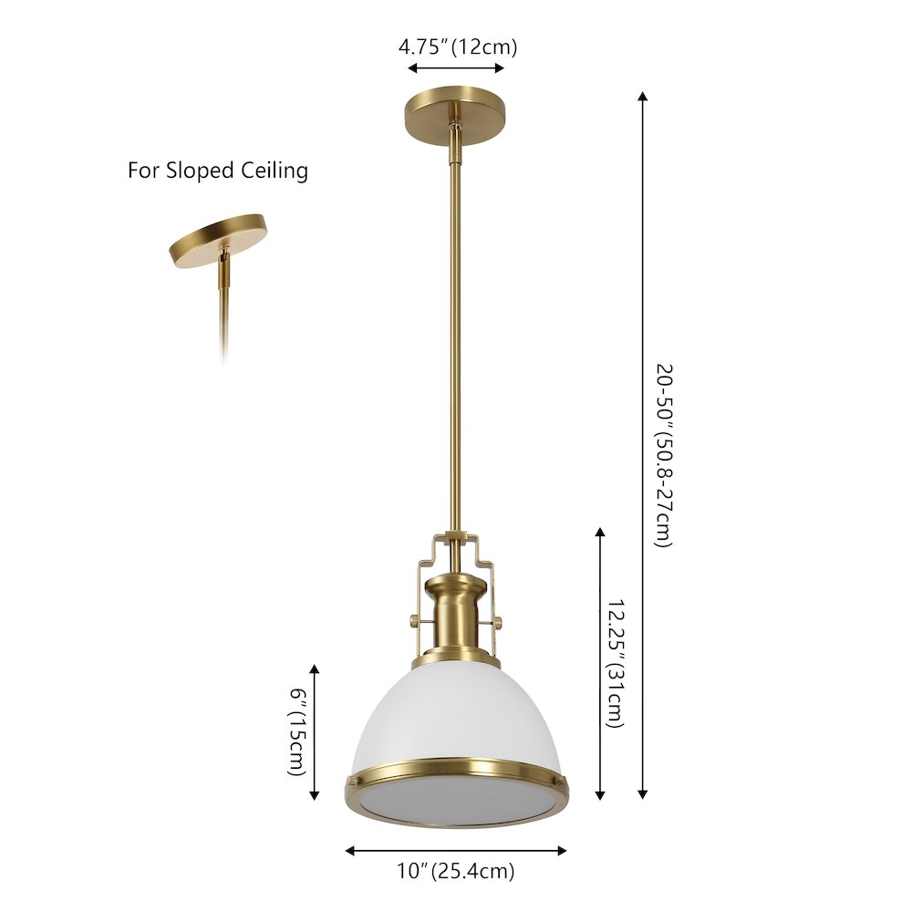 Homer 10" 1-Light Modern Industrial Iron LED Dome Pendant, White/Brass Gold. Picture 4