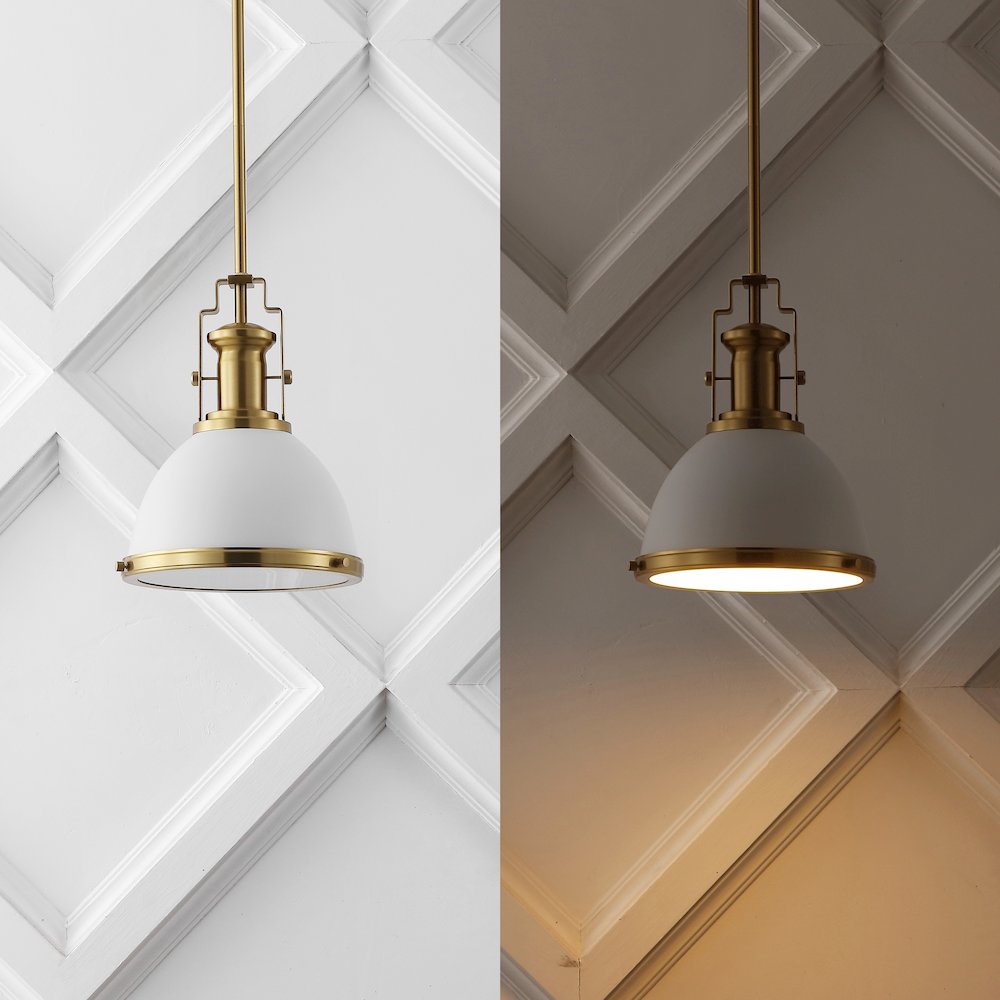 Homer 10" 1-Light Modern Industrial Iron LED Dome Pendant, White/Brass Gold. Picture 6