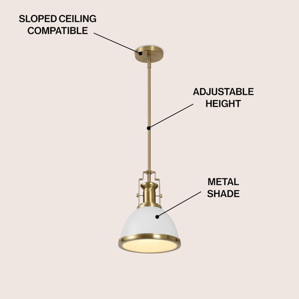 Homer 10" 1-Light Modern Industrial Iron LED Dome Pendant, White/Brass Gold. Picture 3