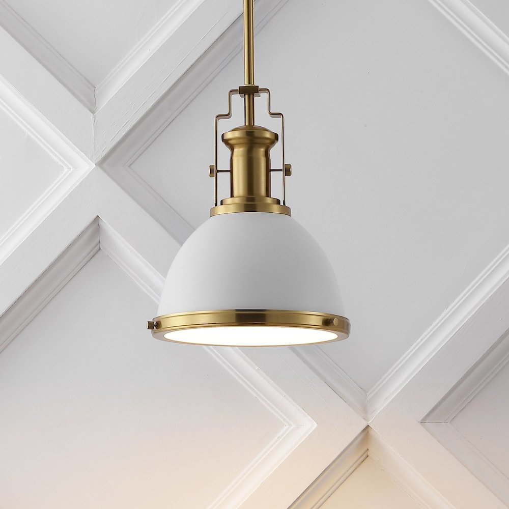 Homer 10" 1-Light Modern Industrial Iron LED Dome Pendant, White/Brass Gold. Picture 7