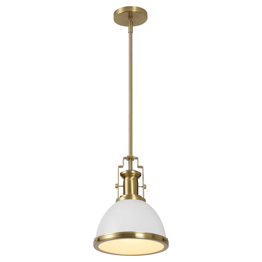 Homer 10" 1-Light Modern Industrial Iron LED Dome Pendant, White/Brass Gold. Picture 1