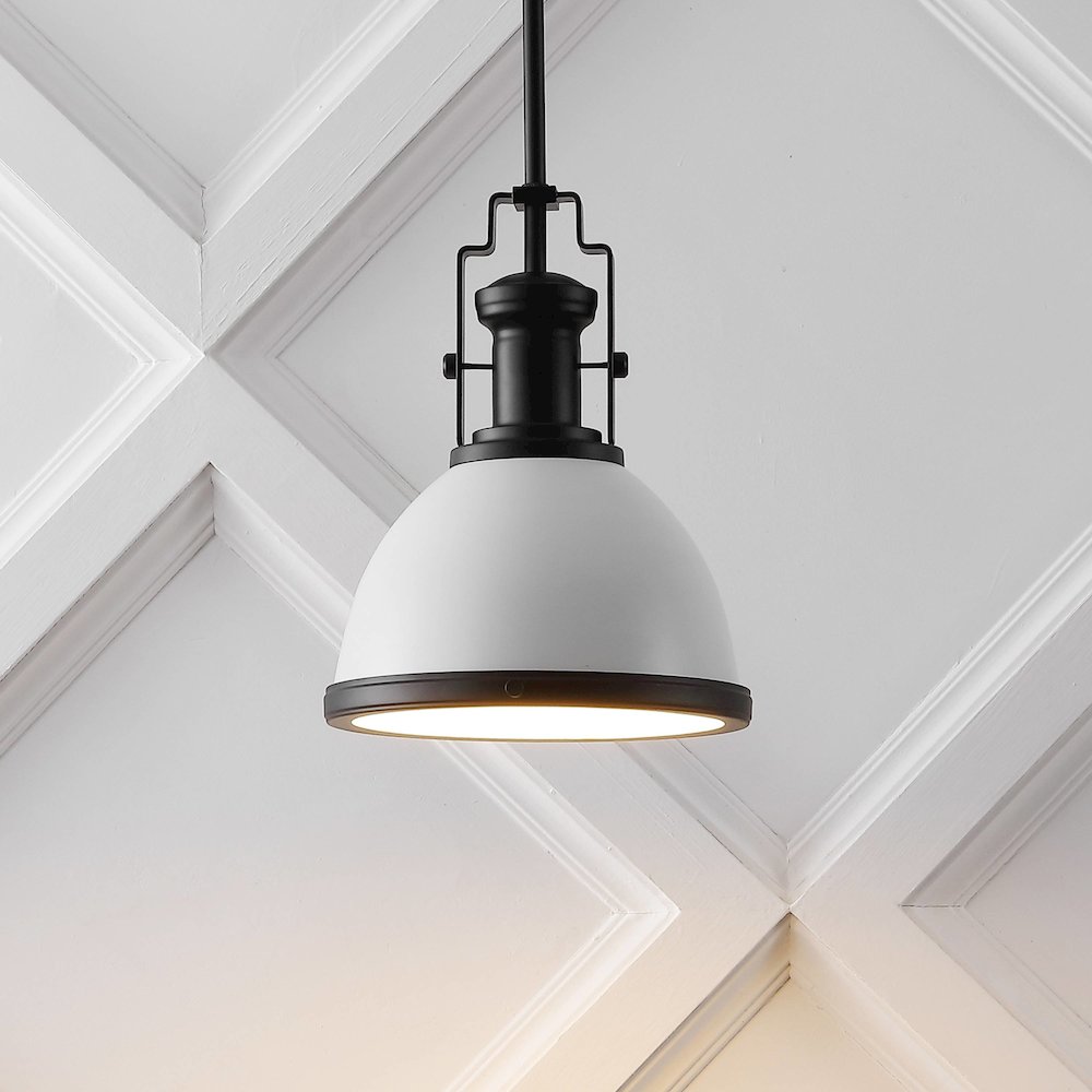 Homer 10" 1-Light Modern Industrial Iron LED Dome Pendant, White/Matte Black. Picture 7