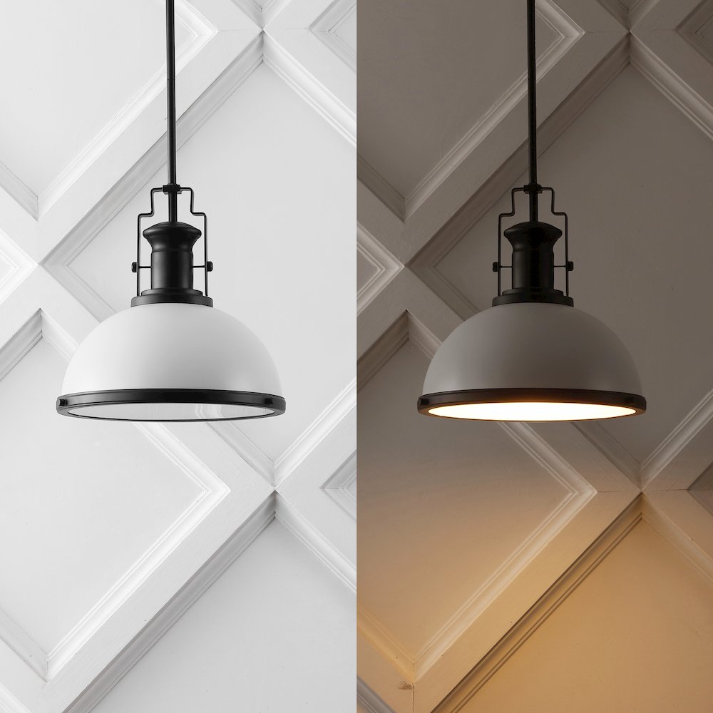 Homer 13" 1-Light Modern Industrial Iron LED Dome Pendant, White/Matte Black. Picture 6