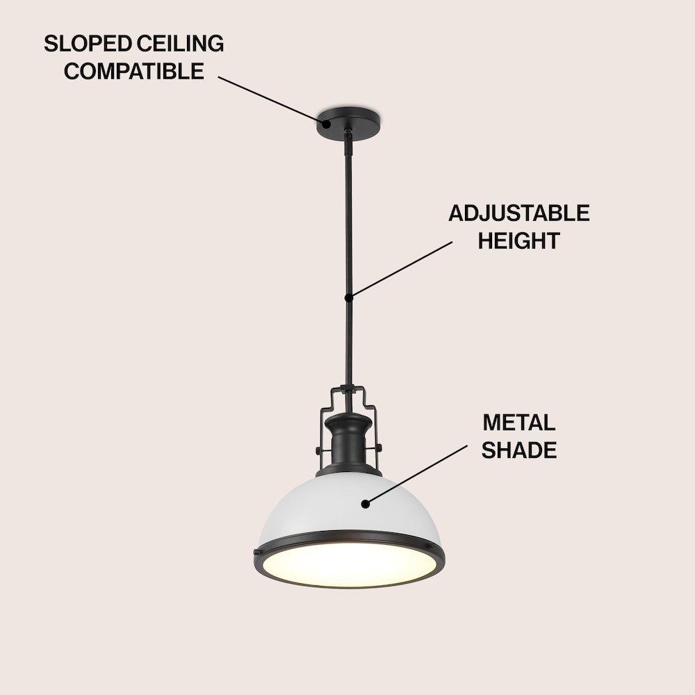 Homer 13" 1-Light Modern Industrial Iron LED Dome Pendant, White/Matte Black. Picture 3