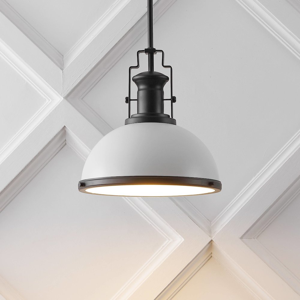 Homer 13" 1-Light Modern Industrial Iron LED Dome Pendant, White/Matte Black. Picture 7