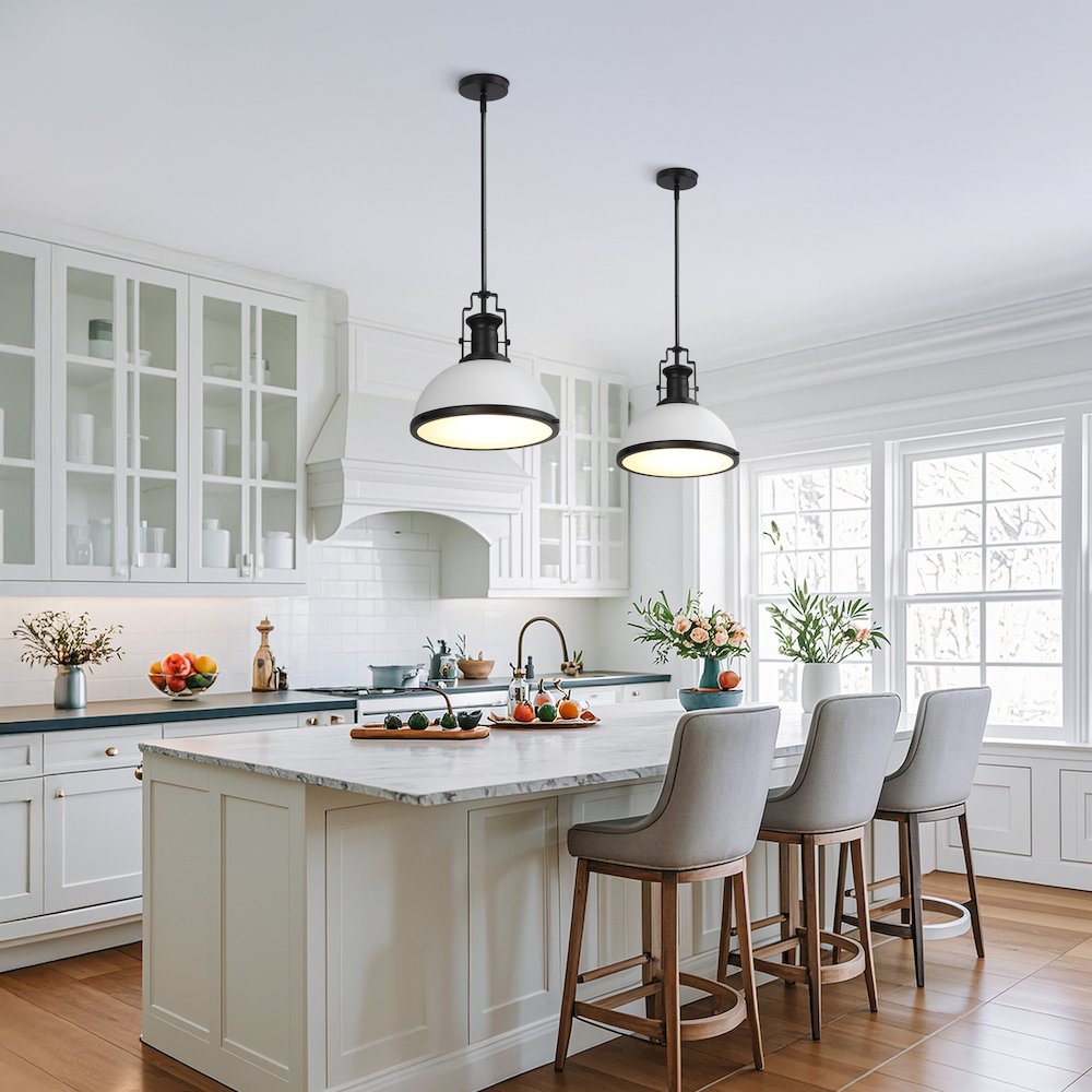 Homer 13" 1-Light Modern Industrial Iron LED Dome Pendant, White/Matte Black. Picture 2