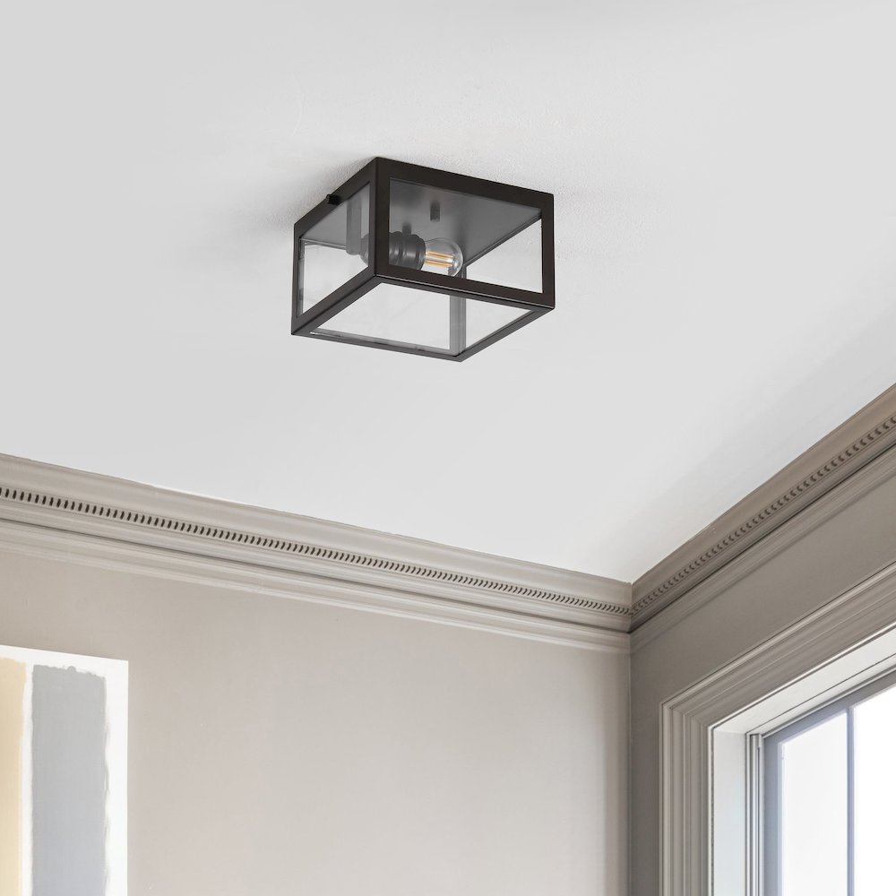 Eleanor 1-Light Farmhouse Industrial Square Iron/Glass Case Led Flush Mount. Picture 2