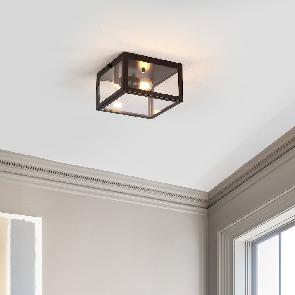 Eleanor 1-Light Farmhouse Industrial Square Iron/Glass Case Led Flush Mount. Picture 1