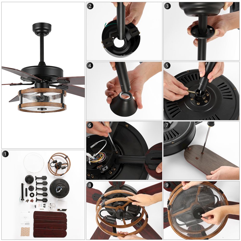 Industrial Iron/Woodseeded Glass Mobile Appremote Controlled Led Ceiling Fan. Picture 14