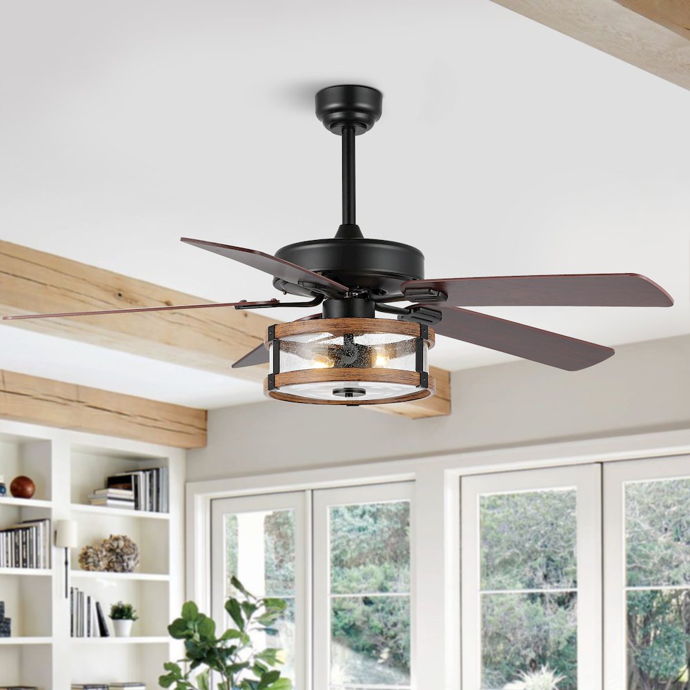 Industrial Iron/Woodseeded Glass Mobile Appremote Controlled Led Ceiling Fan. Picture 7