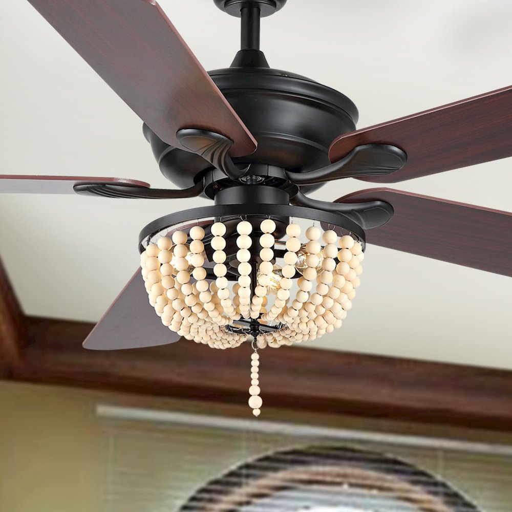 Erin Rustic Farmhouse Iron/Wood Bead Mobile Appremote Controlled Led Ceiling Fan. Picture 10