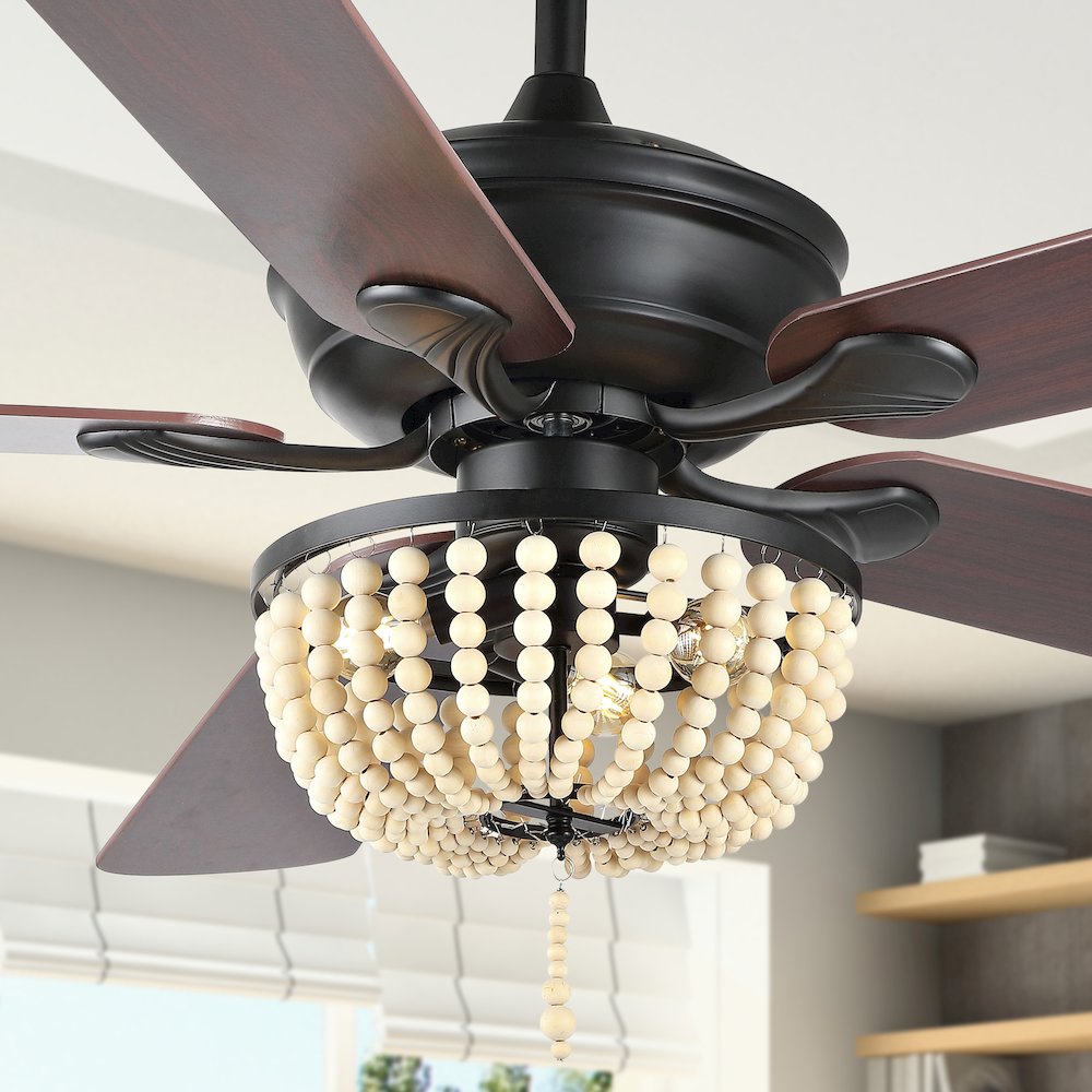 Erin Rustic Farmhouse Iron/Wood Bead Mobile Appremote Controlled Led Ceiling Fan. Picture 11