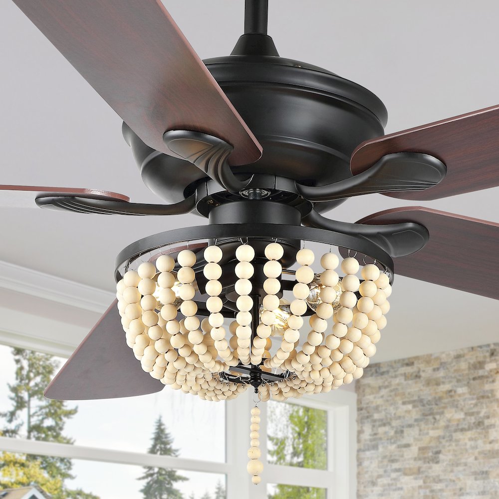 Erin Rustic Farmhouse Iron/Wood Bead Mobile Appremote Controlled Led Ceiling Fan. Picture 12