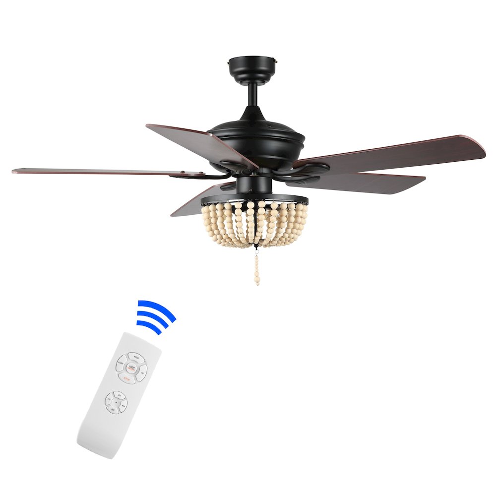 Erin Rustic Farmhouse Iron/Wood Bead Mobile Appremote Controlled Led Ceiling Fan. Picture 1