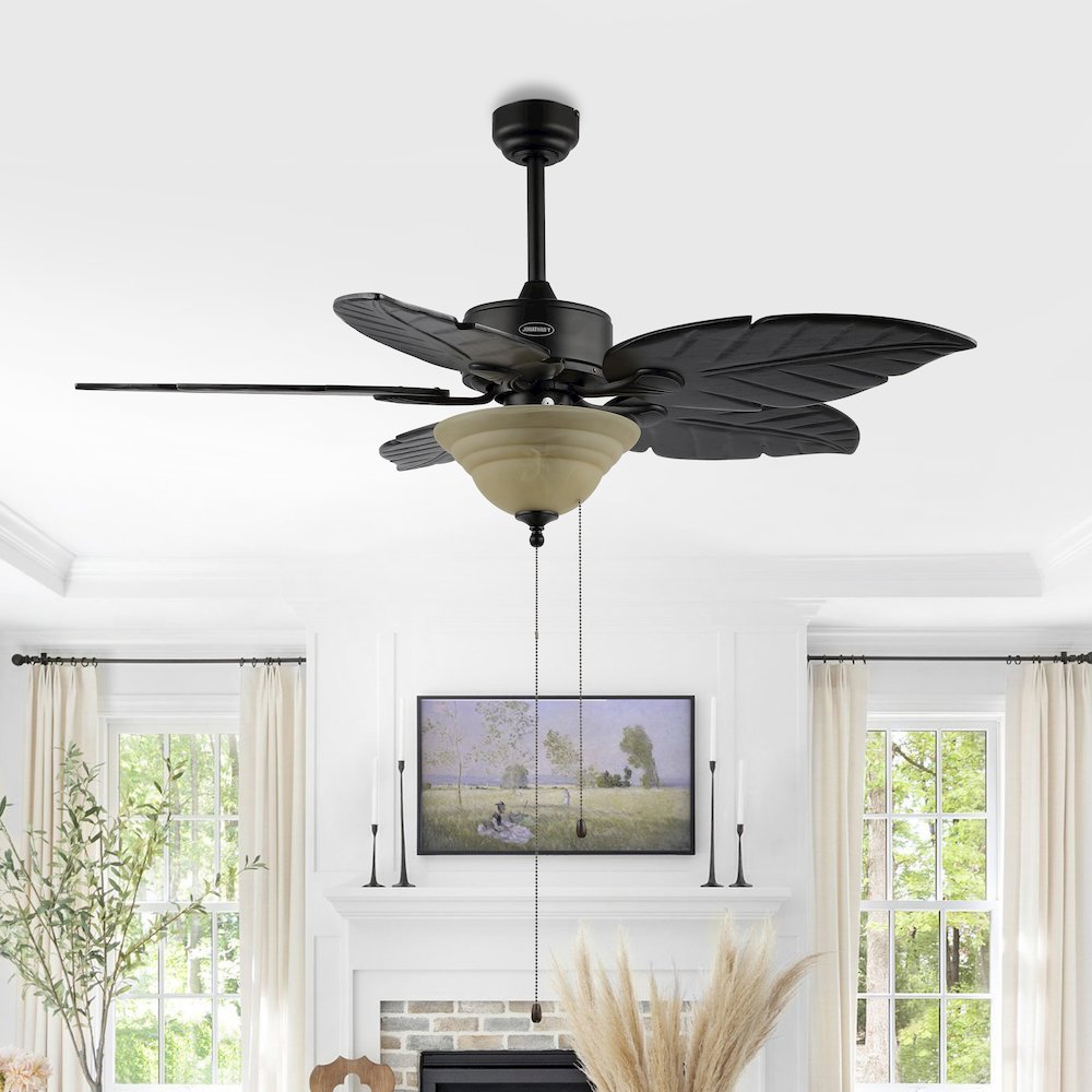 Poinciana 3-Light Coastal Bohemian Iron/Wood Palm Leaf Led Ceiling Fan. Picture 2