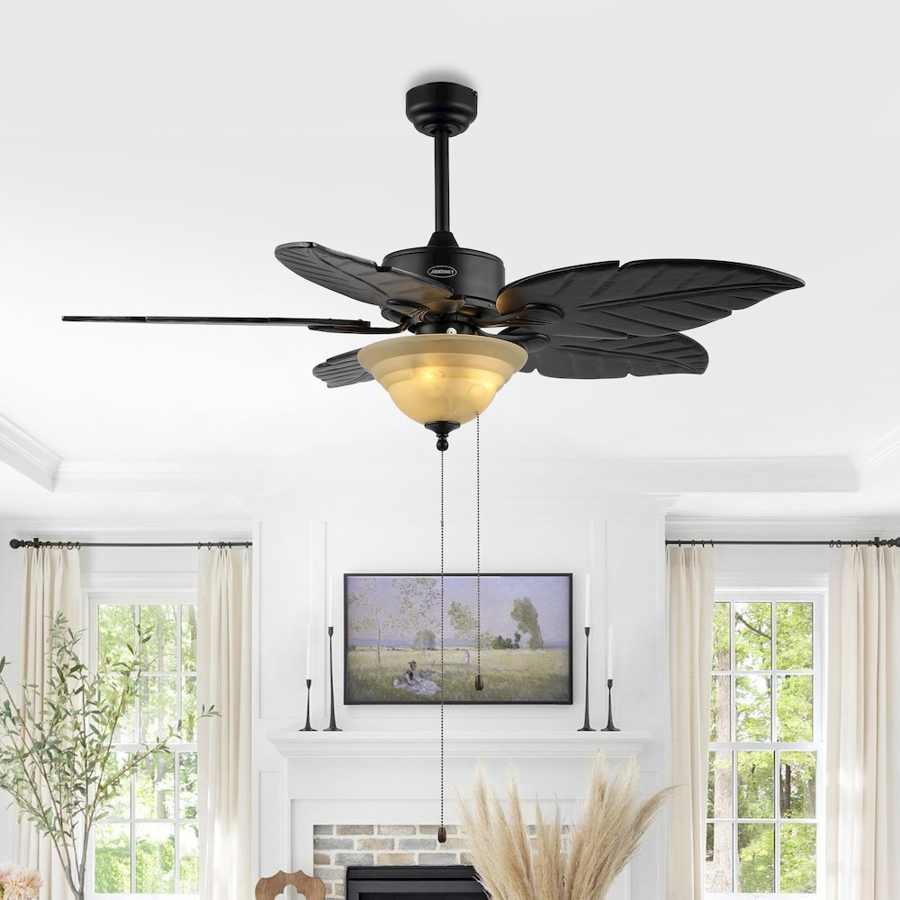 Poinciana 3-Light Coastal Bohemian Iron/Wood Palm Leaf Led Ceiling Fan. Picture 1