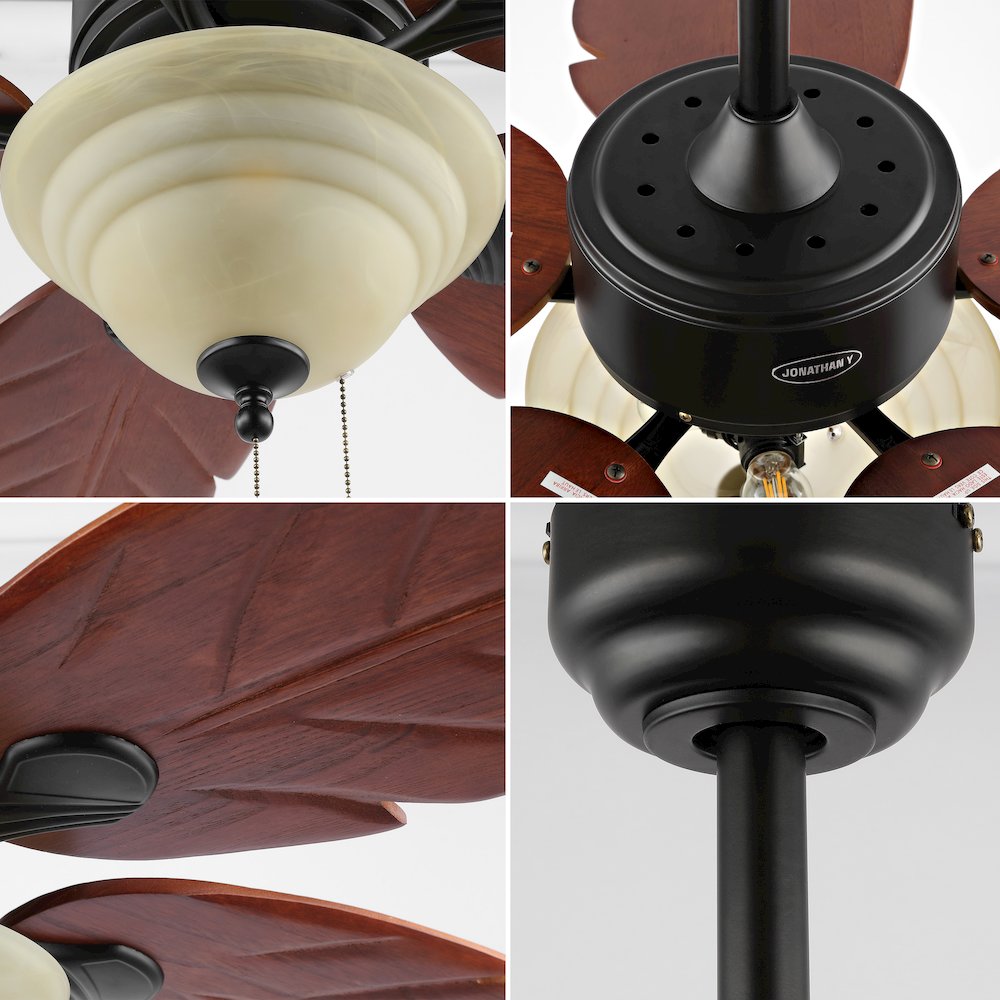 Poinciana 3-Light Coastal Bohemian Iron/Wood Palm Leaf Led Ceiling Fan. Picture 4