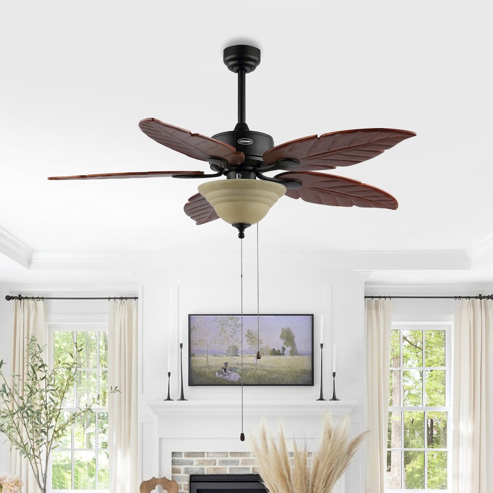 Poinciana 3-Light Coastal Bohemian Iron/Wood Palm Leaf Led Ceiling Fan. Picture 2